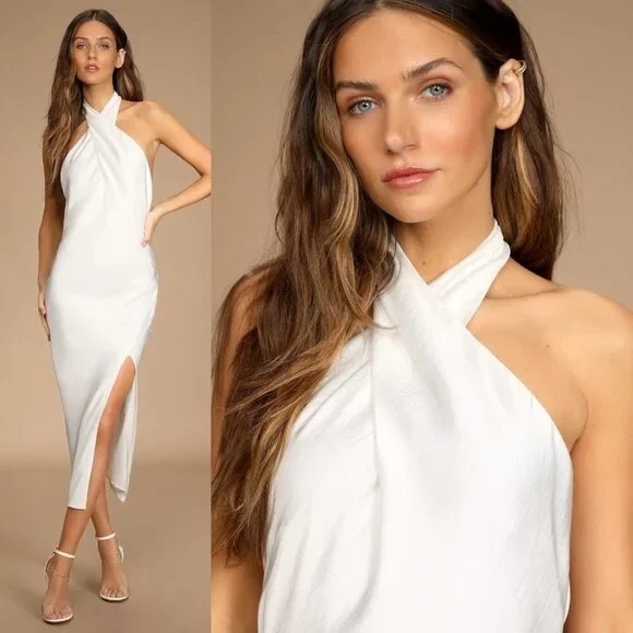 Lulus Beyond Classy White Satin Halter Midi Dress Size M - Picture 3 of 12